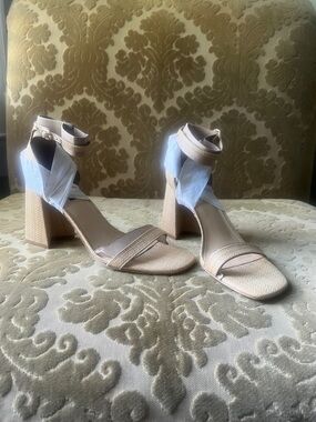 Nine West Blush Textured Ankle-Strap Block Heels